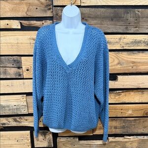 Vintage L.L.Bean Women’s Blue Crochet Open Knit Linen‎ Blend V-Neck Sweater XL